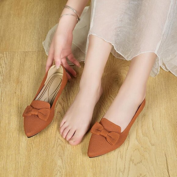 Women Brown Pointed Toe Dressy Comfortable Knit Breathable Mesh Ballet Flats - Picture 5 of 7